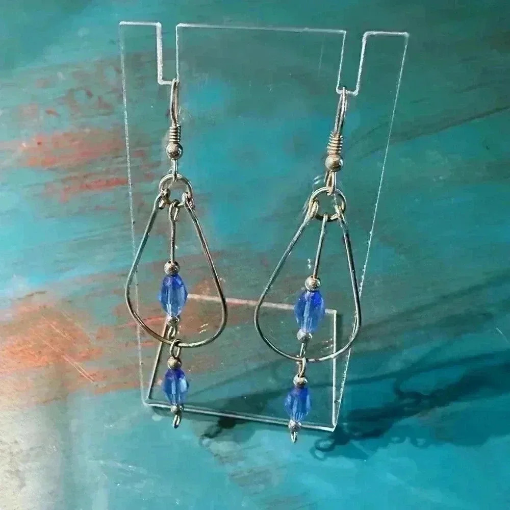 Handmade Sterling Silver with Blue Crystals Dangle Earrings NWOT